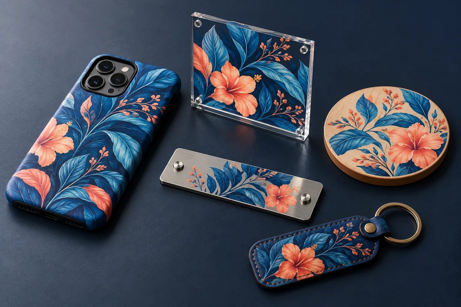 Concept samples with a blue and coral botanical motif on a phone case, acrylic sign, wooden coaster, metal nameplate, and leather key tag
