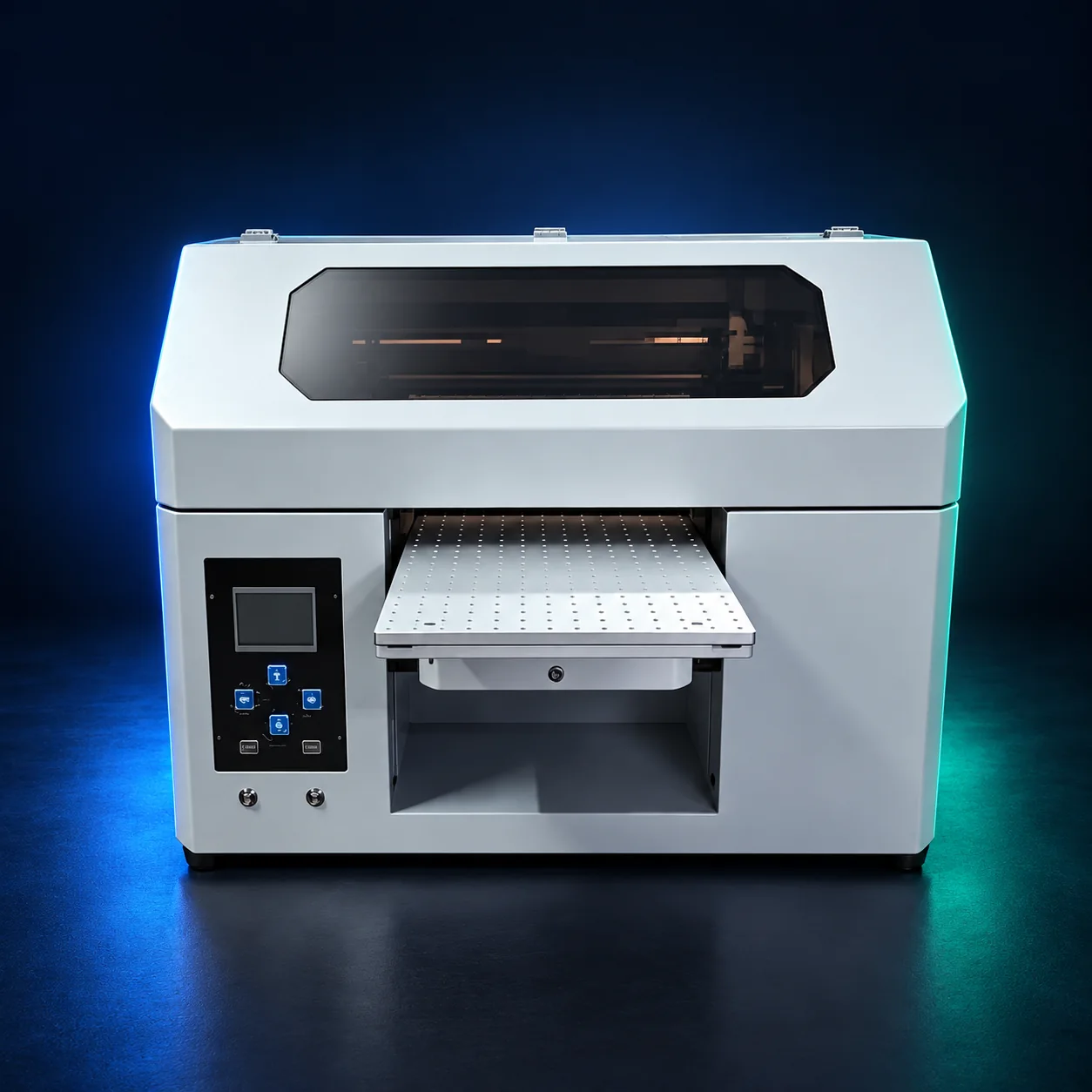 Dark studio visualization generated from the F2030 Desktop source image, showing its white enclosed body, viewing window, and front print bed