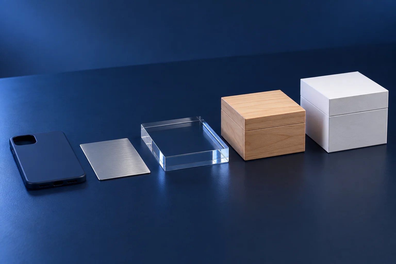 Blank phone case, metal sheet, acrylic block, wooden box and gift box laid flat from thin to thick