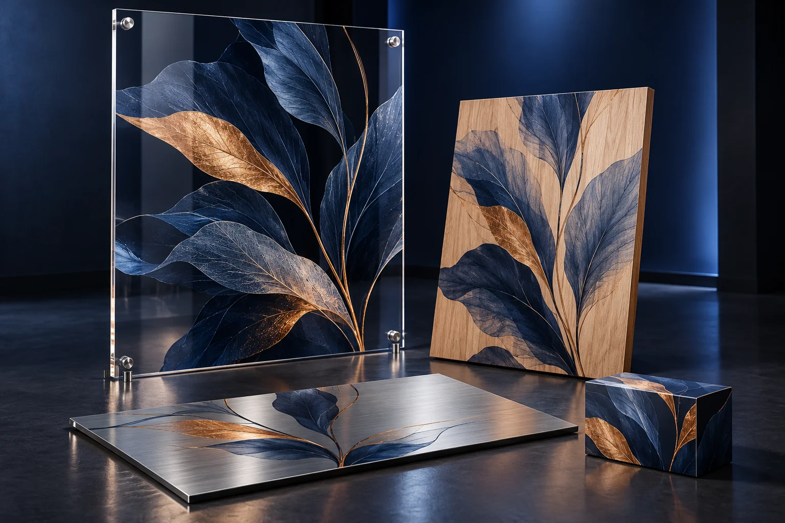Concept samples with a blue-and-gold leaf motif on an acrylic panel, wood panel and small acrylic blocks, illustrating the same design applied to different materials