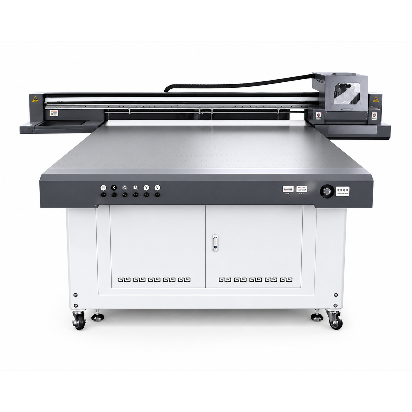 F1613 Industrial machine reference showing its gray-and-white cabinet, dark print bed and gantry rails