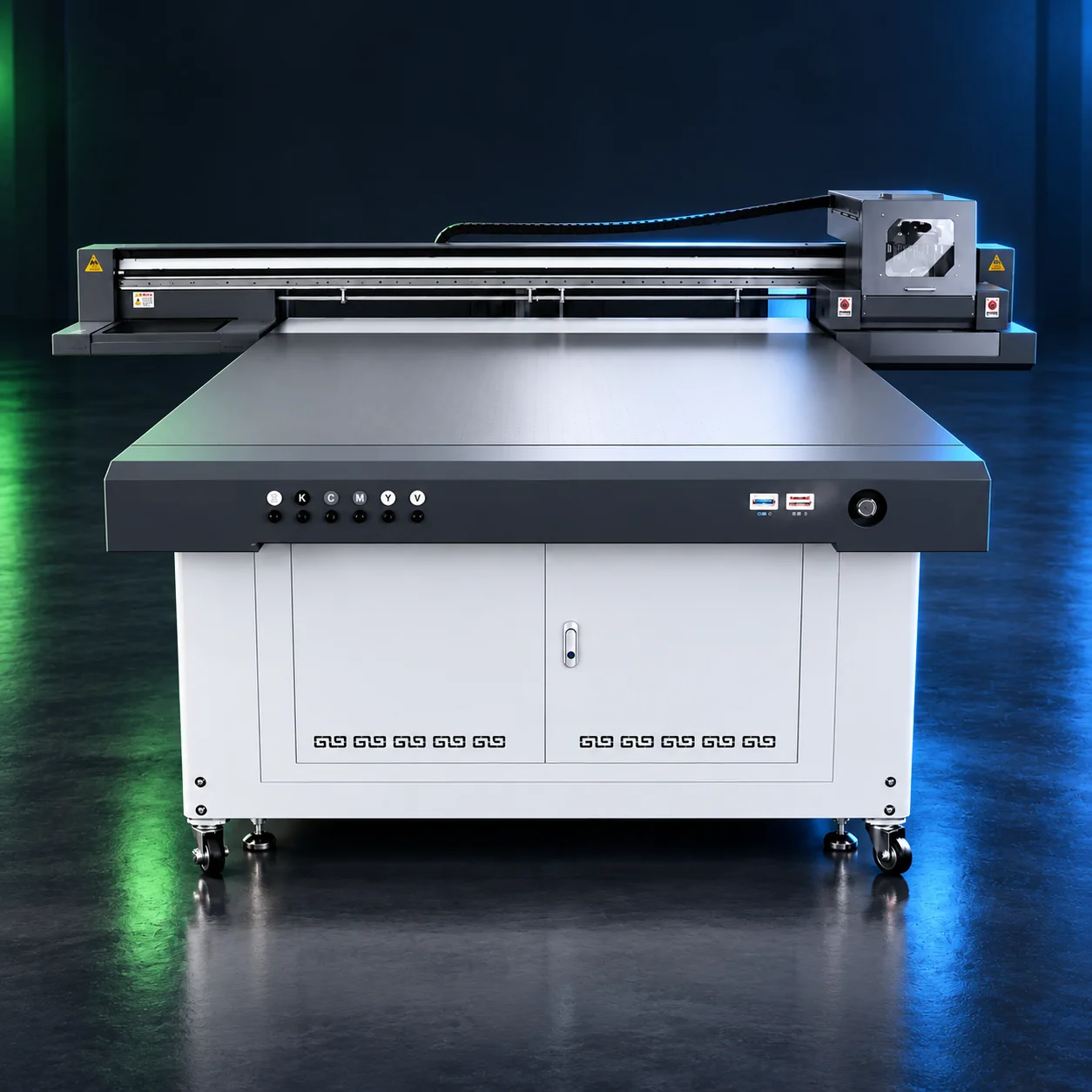 Studio-style image based on the F1613 Industrial machine photo, showing its gray-and-white cabinet, dark print bed and gantry