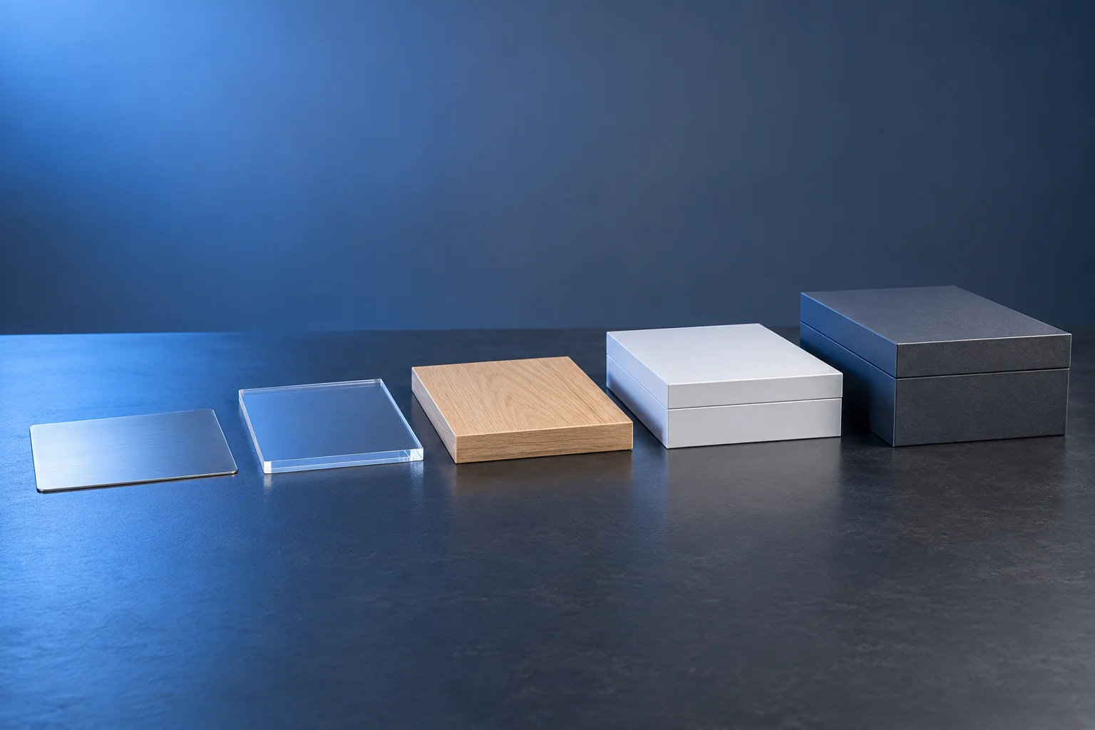 A thin metal sheet, acrylic panel, wood block, white gift box and dark blue gift box lined up from thin to thicker, illustrating products within the 10cm range