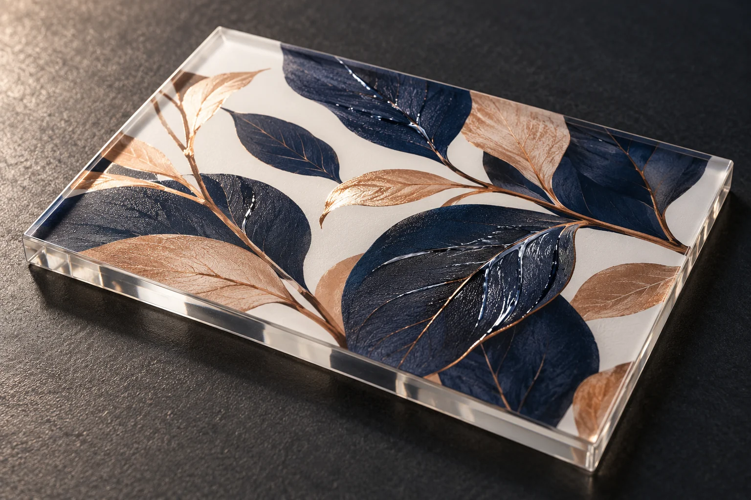 Concept clear-acrylic sample with a blue-and-gold leaf design, illustrating CMYK color, white underprinting and selective varnish