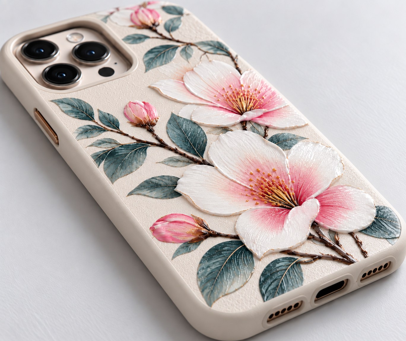 Close-up of cream floral phone case with UV relief texture