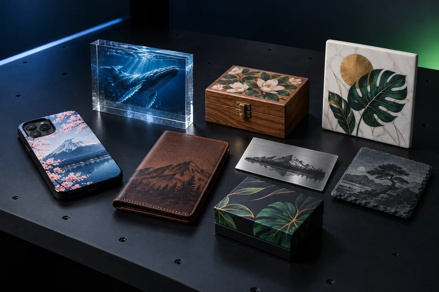 Phone cases, acrylic, wood boxes, ceramics, leather, metal and slate arranged on the print platform