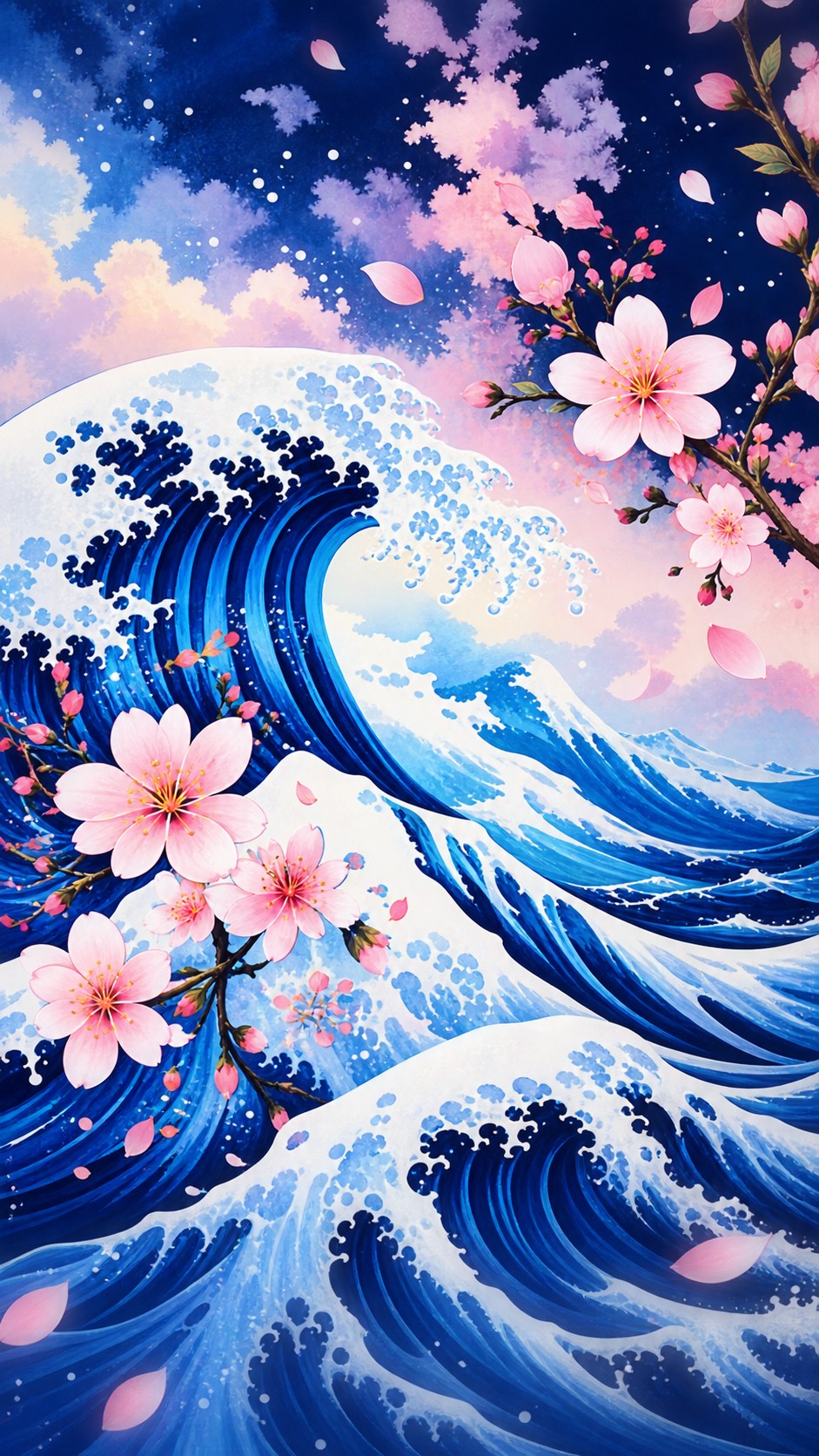 Wave-and-blossom phone-case artwork on a computer screen