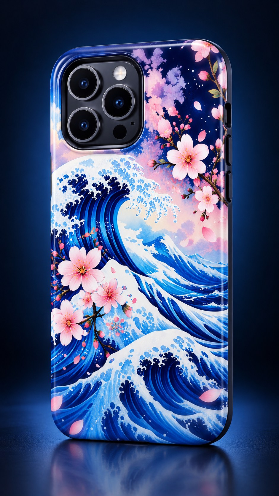 Photorealistic wave-and-blossom phone case finished print