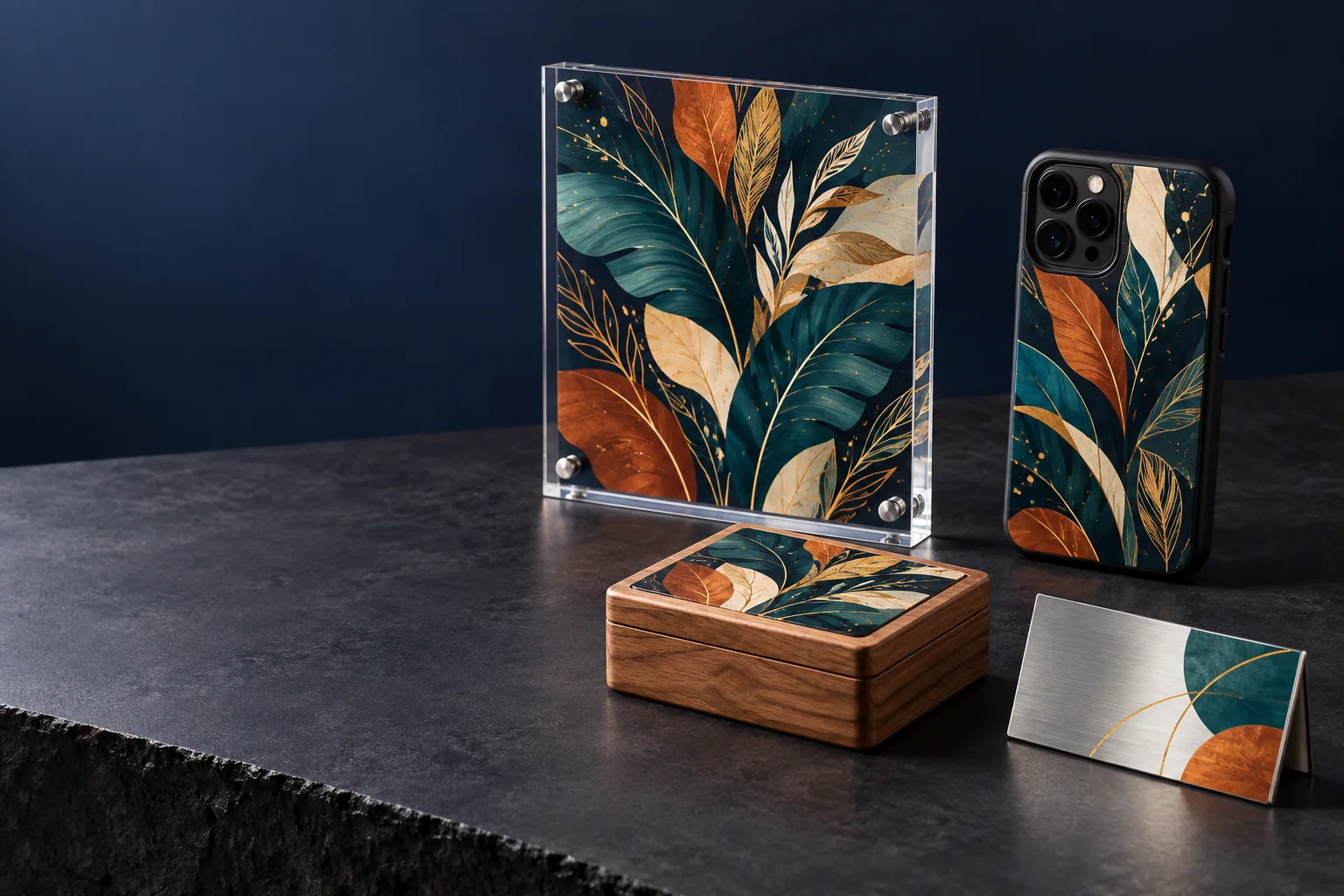 Concept image of coordinated botanical prints on a phone case, acrylic sign, wood box and metal nameplate