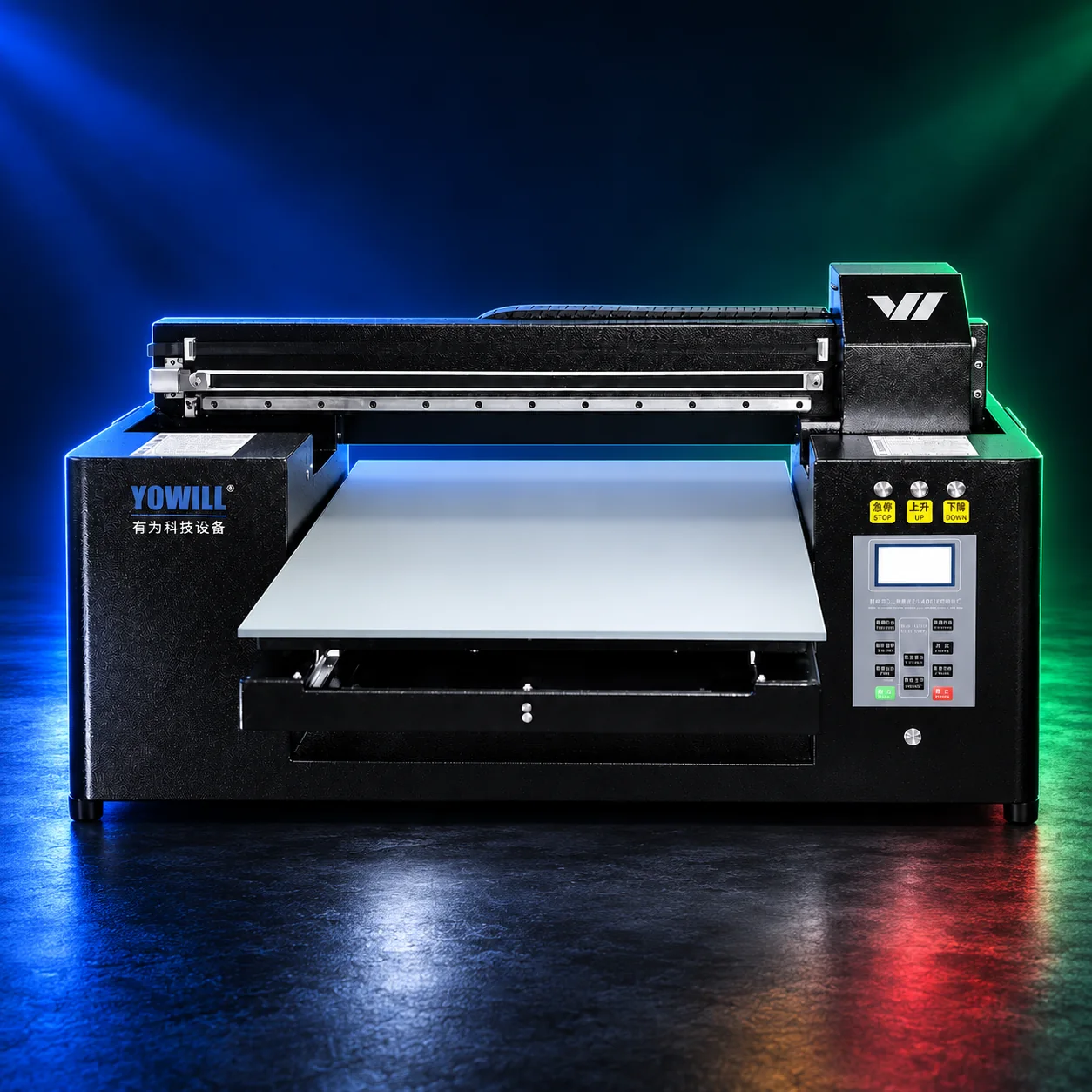 Dark studio-style visual based on the actual YOWILL F5060 Pro printer photo