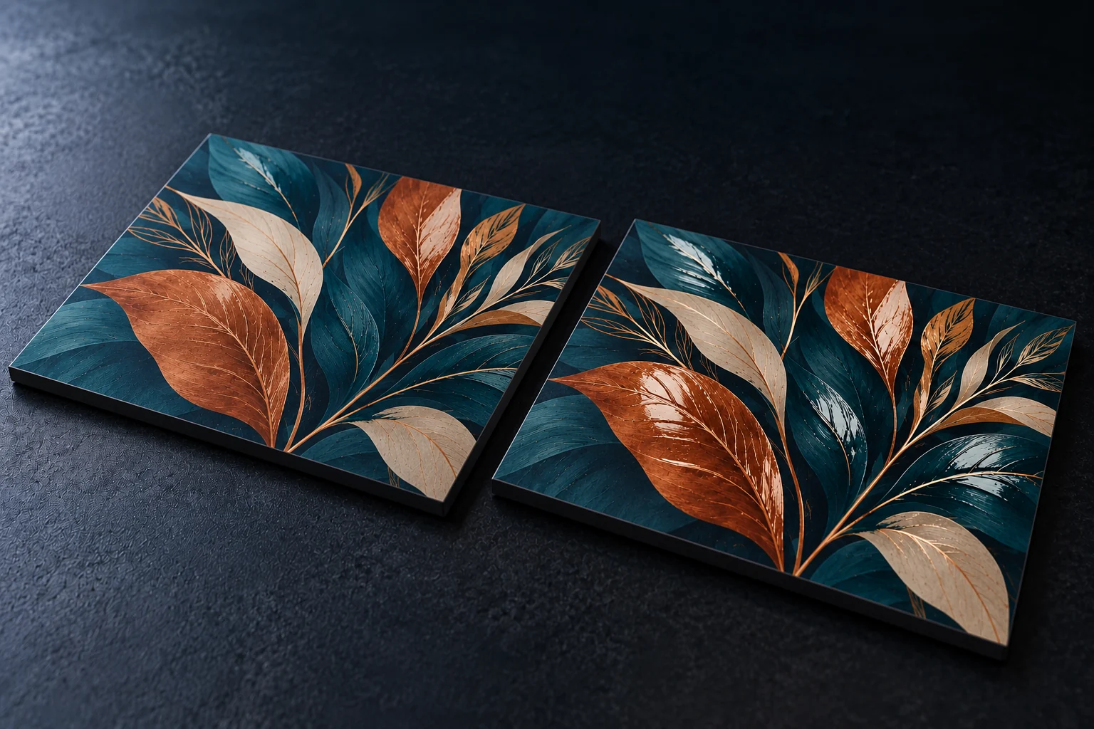 Concept comparison of identical botanical sample panels: matte finish on the left, selective gloss reflections on leaves at right
