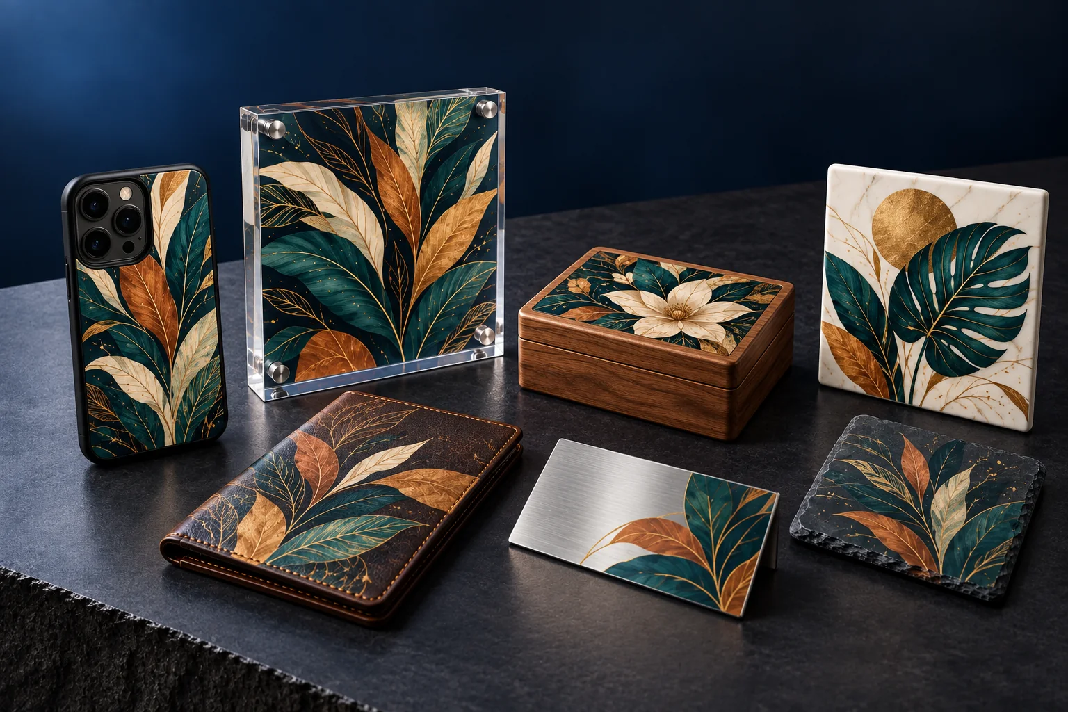 Illustrative products to assess within an 18cm height range: phone case, acrylic sign, wood box, metal nameplate, ceramic tile, leather cover and slate coaster
