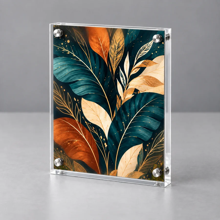 Photorealistic concept image of the acrylic sign printed with the artwork from step one