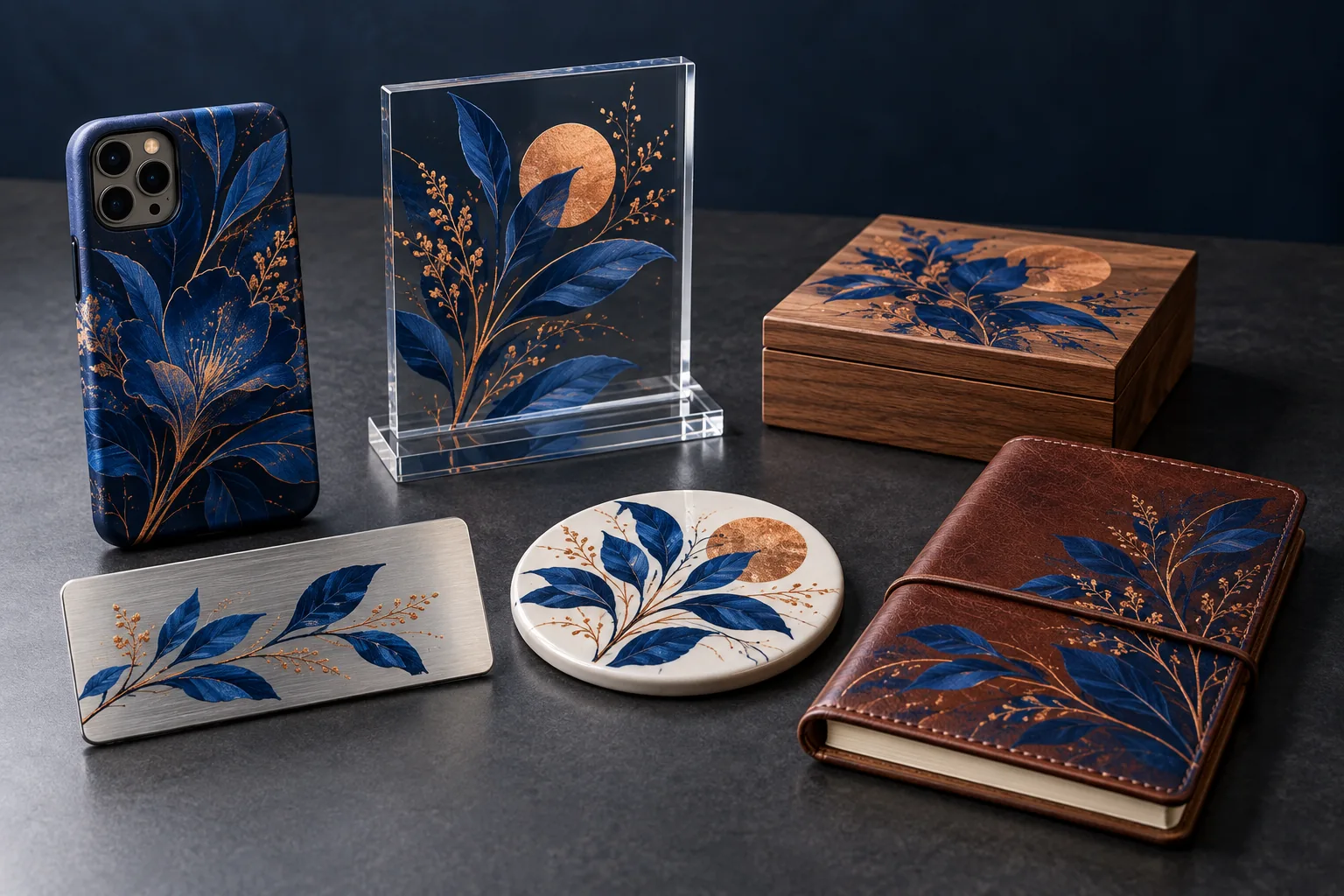 Concept samples with one blue and copper botanical motif on a phone case, acrylic sign, wood box, metal nameplate, ceramic coaster and leather cover