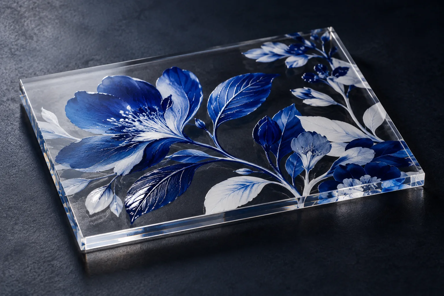 Concept clear-acrylic sample with blue and white botanical print and selective glossy details visible in side light