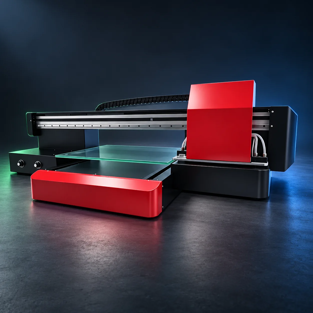Studio-style image based on the F6040 Pro machine photo, retaining its red carriage, black gantry and flatbed structure