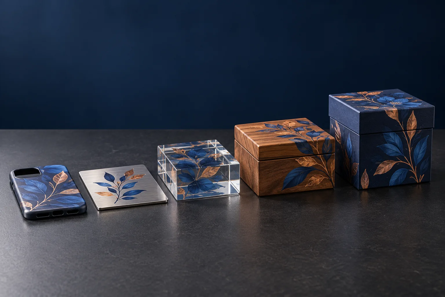 Concept group of a phone case, metal plate, acrylic block, wood box and small gift box arranged from thin to thick