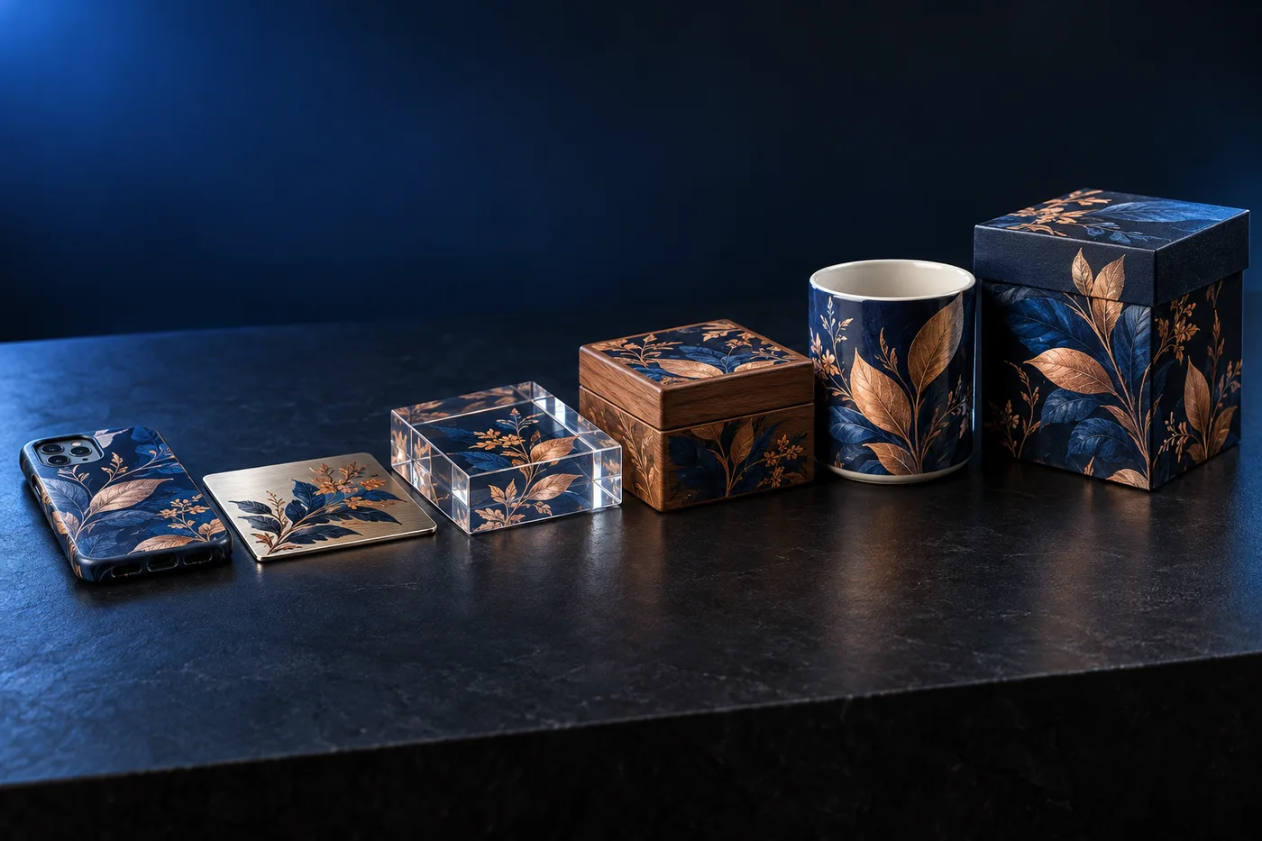Photorealistic concept group of differently sized products: a flat phone case and metal plate, acrylic block, wood box, ceramic cup and taller gift box