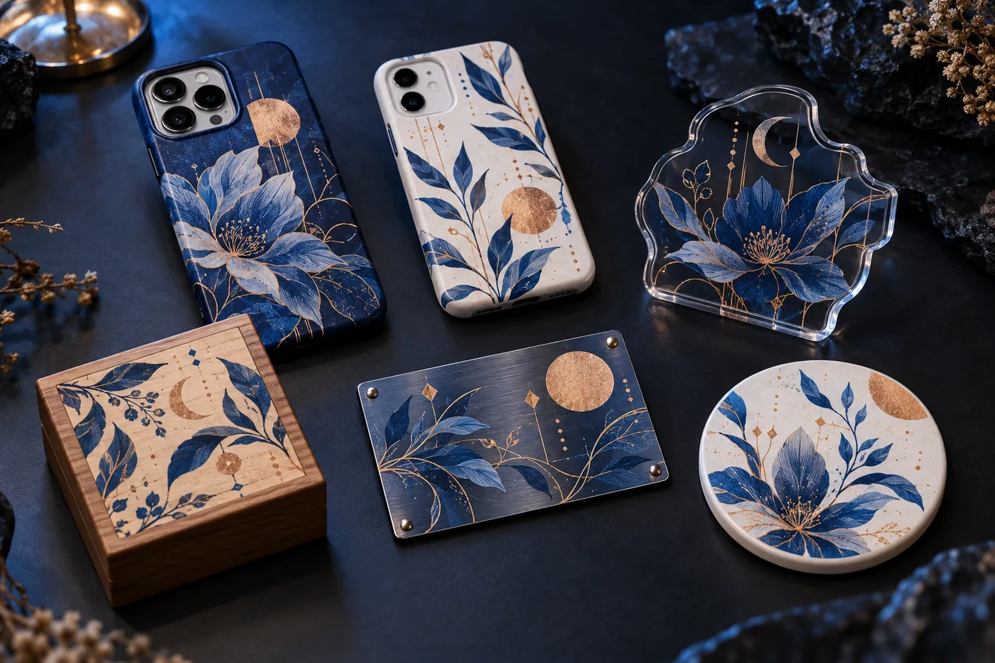 Photorealistic concept of a matching blue and copper botanical design on phone cases, irregular acrylic, a wood box, metal plate and ceramic coaster