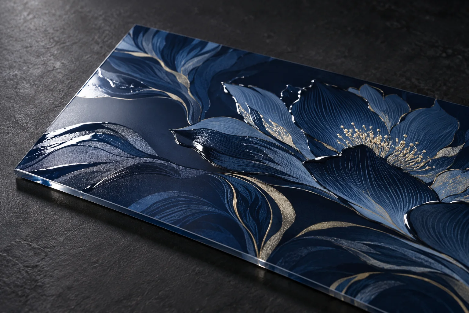 Deep-blue printed sample with selective gloss varnish on the floral pattern, showing restrained highlights and subtle raised texture in side light
