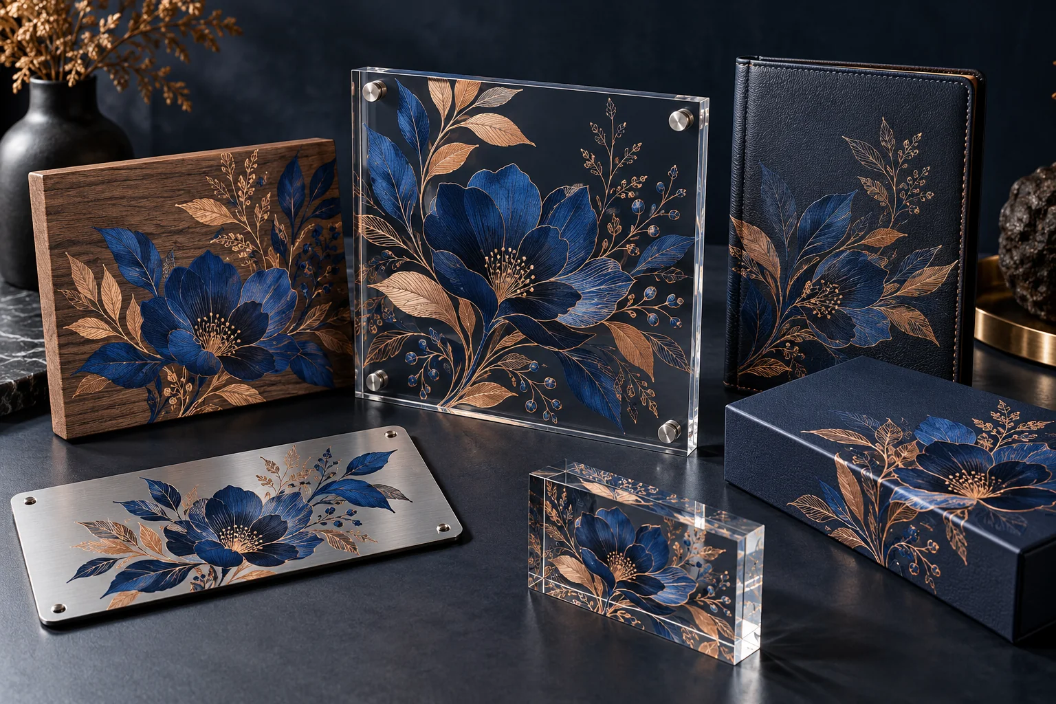 Concept samples with a blue-and-copper floral motif on an acrylic sign, wood plaque, metal nameplate, leather cover and gift box