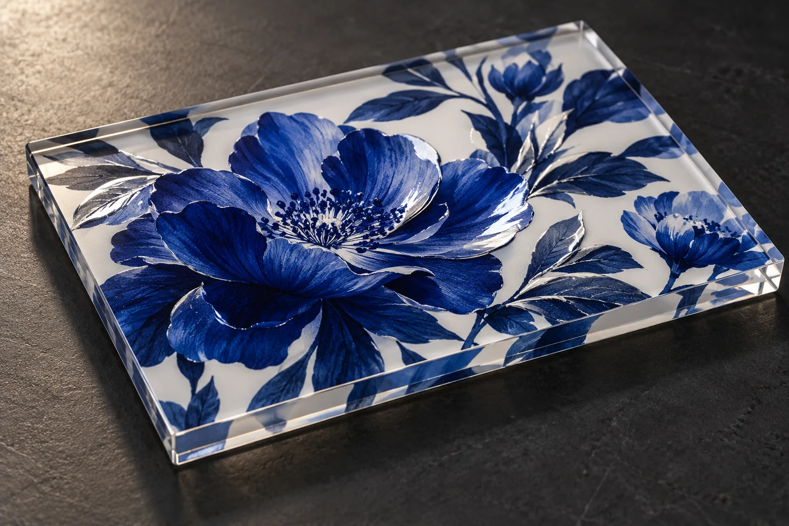Concept clear-acrylic sample with a blue-and-white floral design and restrained selective gloss in side light