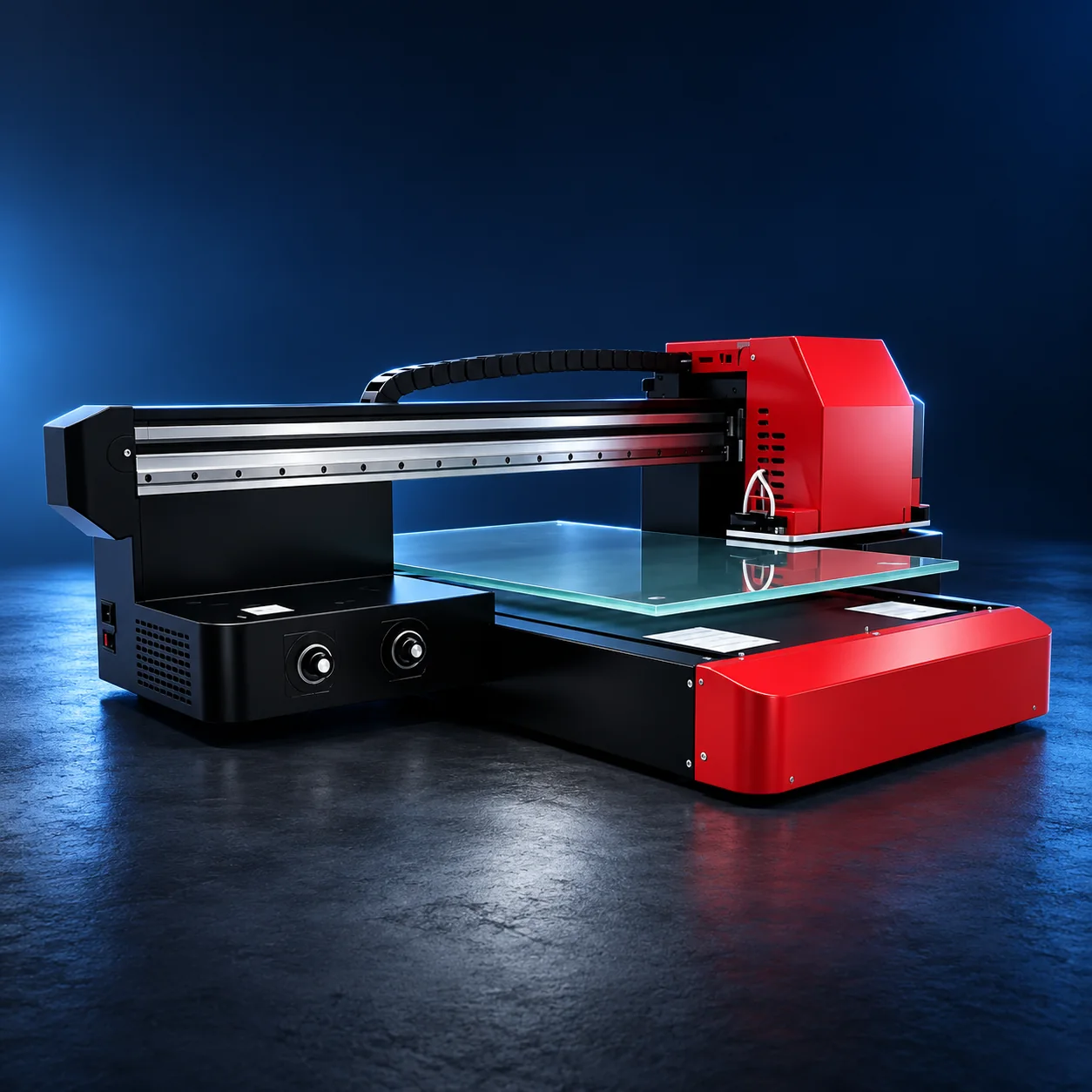 Studio-style image based on the F6090 Industrial machine photo, showing its red carriage, black gantry and print bed