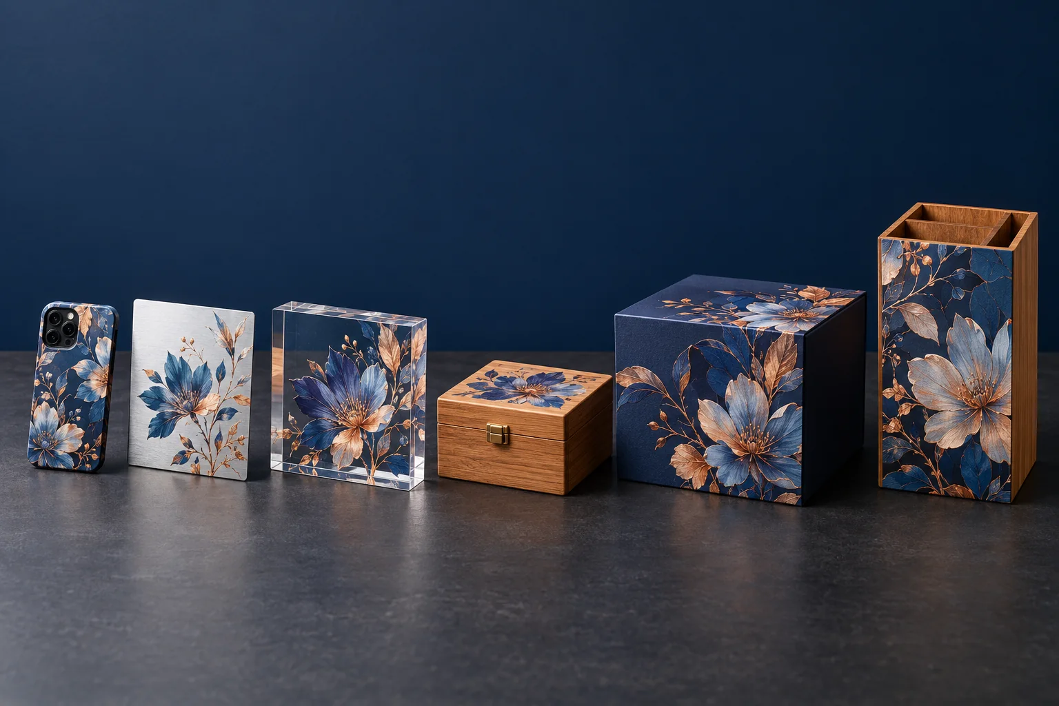 Concept samples from a slim phone case and metal plate to an acrylic block, wood box, gift box and small organizer