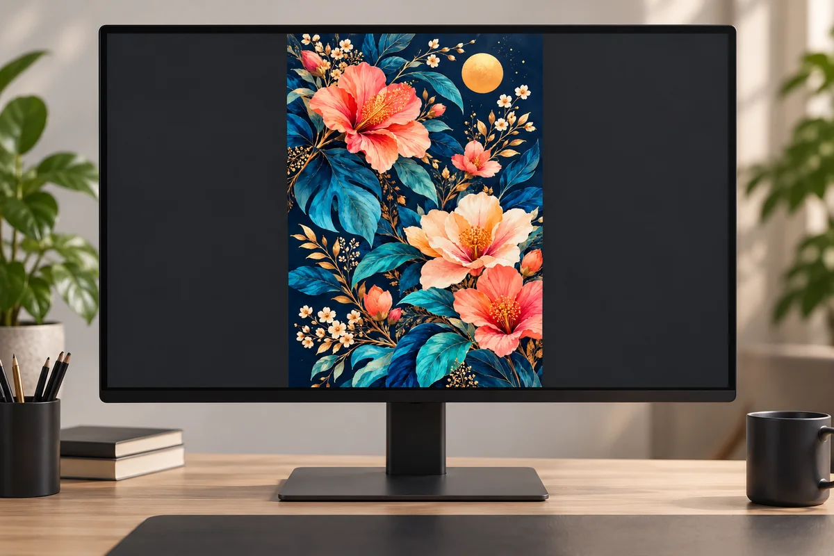 Workflow concept with floral artwork displayed on a computer monitor